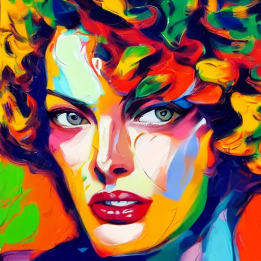 Prompt: a vibrant oil painting close up of linda evangelista with curly hair by francoise nielly, trending on artstation : 3