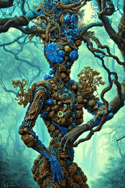 Image similar to hyperrealistic post-rococo super expressive! black woman with exoskeleton armor, merging with tree in a forest, highly detailed digital art masterpiece smooth cam de leon hannah yata dramatic pearlescent blue teal light ground angle hd 8k sharp focus