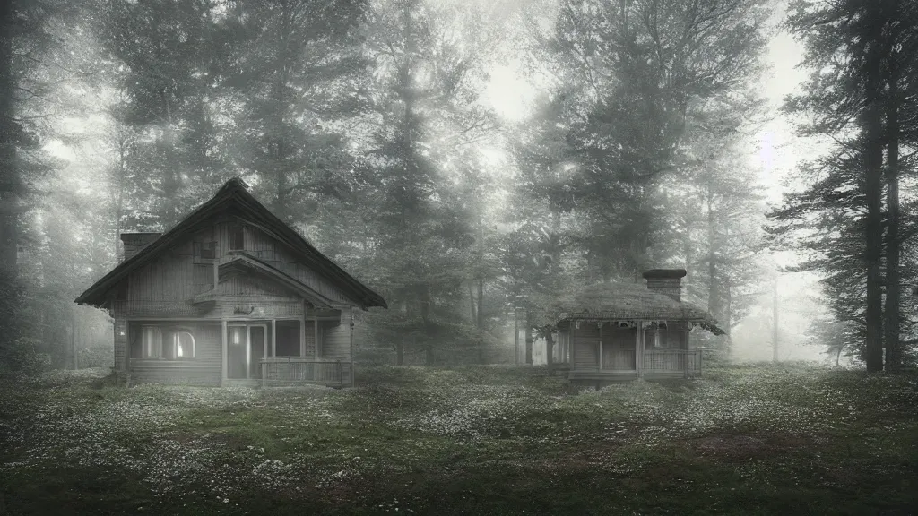 Image similar to [ a cottage in the woods. ] artgerm, mikko lagerstedt, zack snyder, tokujin yoshioka