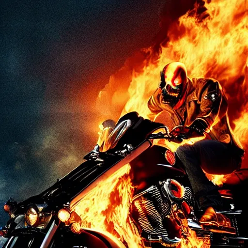 Image similar to An epic movie poster for Ghost Rider starring Ryan Gosling as Ghost Rider on a motorcycle with flames and half a skull face and chains on a desert road fire balls. Sharp. HD. 4K. 8K