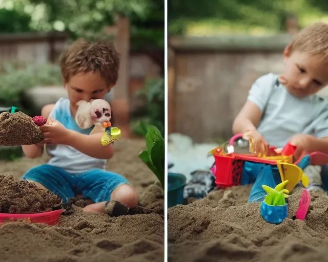 Image similar to 8 5 mm food photography of sylvester stalone playing with toys near a garden with sand with dof and bokeh and flowers o