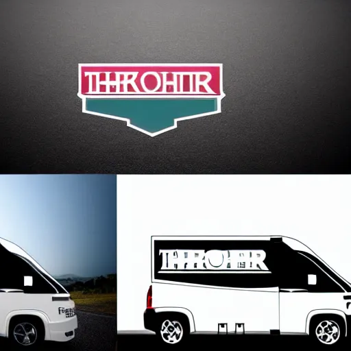 Image similar to minimal professional logo featuring a white and black cute thor chateau motorhome camper!, highway, mountains and sunset!!, happy, professional colorful simple logo