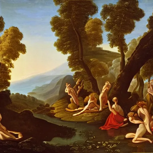 Image similar to a volcano seething, ethereal landscape, elves, fauns, musicians, claude lorrain pastoral landscape