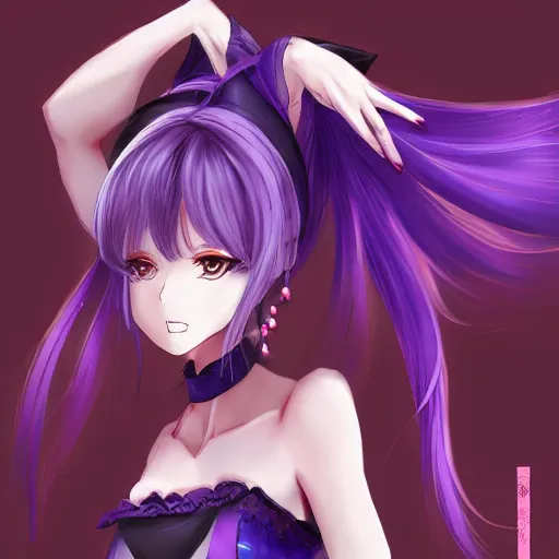 Image similar to anime full body illustration of a woman with purple hair wearing dark purple chinese outfit, her head is slightly tilted, medium shot, extremely detailed art, character showcase art, 4 k, anime key visual, official illustration by kyoto animation, monthly top rankings on pixiv, trending on artstation, danbooru art