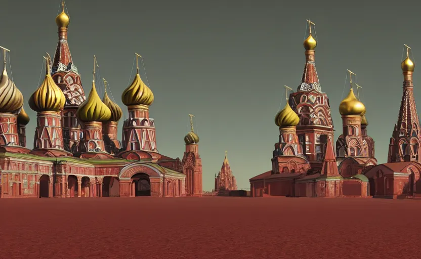 Image similar to a picture in colour high contrast by vasily vereshchagin of futuristic st. basil's cathedral on mars, cinema 4 d, visual art, 8 k resolution, 3 d modelling, studio lighting, masterpiece, vray
