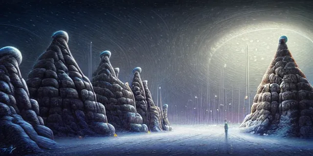 Image similar to painting artic snow covered alien nature labyrinth consuming futuristic mega city from blade in the style of nebulapunk by tomasz alen kopera and daniel lieske with futuristic castle by simon stahlenhag