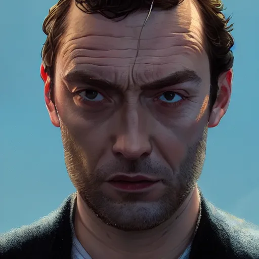 Image similar to highly detailed portrait, jude law as dombledor, in gta v, stephen bliss, unreal engine, fantasy art by greg rutkowski, loish, rhads, ferdinand knab, makoto shinkai and lois van baarle, ilya kuvshinov, rossdraws, tom bagshaw, global illumination, radiant light, detailed and intricate environment