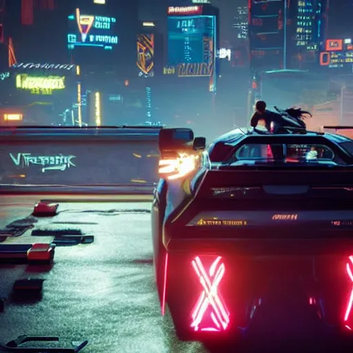 Prompt: v from cyberpunk 2077 driving a delorian