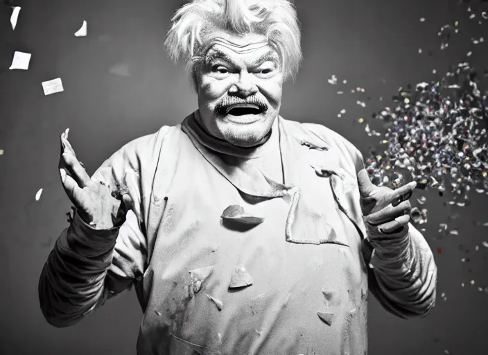 Image similar to photo still of rip taylor in a jail cell!!!!!!!! at age 6 3 years old 6 3 years of age!!!!!!! throwing confetti from a bucket, 8 k, 8 5 mm f 1. 8, studio lighting, rim light, right side key light