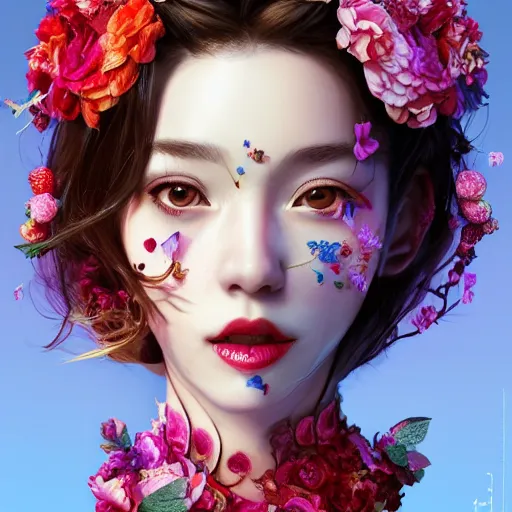 Prompt: the face of absurdly beautiful, graceful, elegant, sophisticated, sensual elderly gravure idol made of strawberries and colorful petals with tears, an ultrafine photorealistic illustration by kim jung gi, irakli nadar, intricate linework, bright colors, octopath traveler, final fantasy, unreal engine highly rendered, global illumination, radiant light, intricate environment