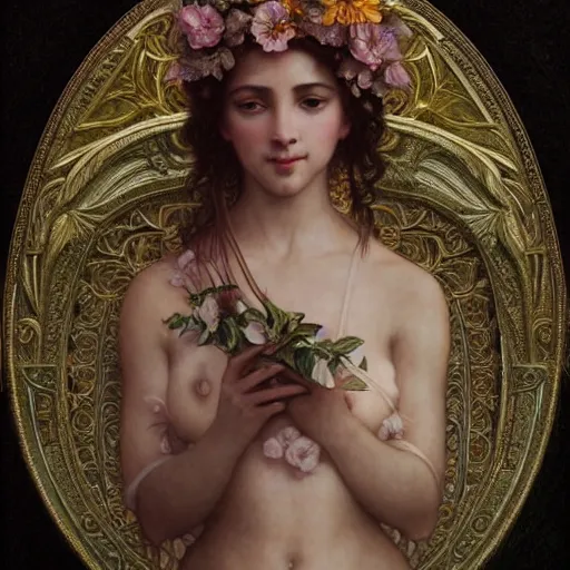 Image similar to portrait of flower goddess, full body, cute detailed face, bay leafes, tendrils, intricate, elegant, highly detailed, digital painting, artstation, concept art, smooth, sharp focus, illustration, art by artgerm and greg rutkowski and alphonse mucha and william - adolphe bouguereau and stephanie law