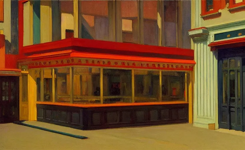 Prompt: the interior of a guitar store, painting by Edward Hopper, Wes Anderson
