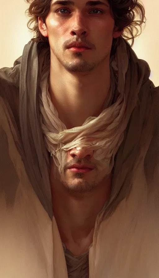 Image similar to portrait of homely man, dreamy and ethereal, goofy expression, side angle, intricate, elegant, highly detailed, digital painting, artstation, concept art, smooth, sharp focus, illustration, art by artgerm and greg rutkowski and alphonse mucha