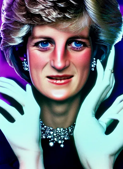 Image similar to princess diana as a cyberpunk woman, intricate, cinematic lighting, highly detailed, canon 3 5 mm photography, horizontal symmetry, smooth, sharp focus