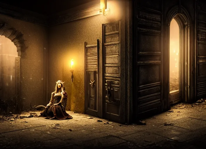 Prompt: streets of an abandoned gray city at night with a lone elven woman warrior sitting in the corner next to a closed door. Fantasy magic horror style. Highly detailed 8k. Intricate. Nikon d850 55mm. Award winning photography.