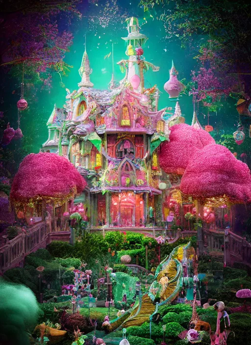 Image similar to Magical enchanted mansion on a candy biome full of oddities made by genshin impact, cotton candy trees, cinematic shot, intricate, ornate, photorealistic, ultra detailed, realistic, 100mm, photography, octane, high definition, depth of field, bokeh, 8k, artstation