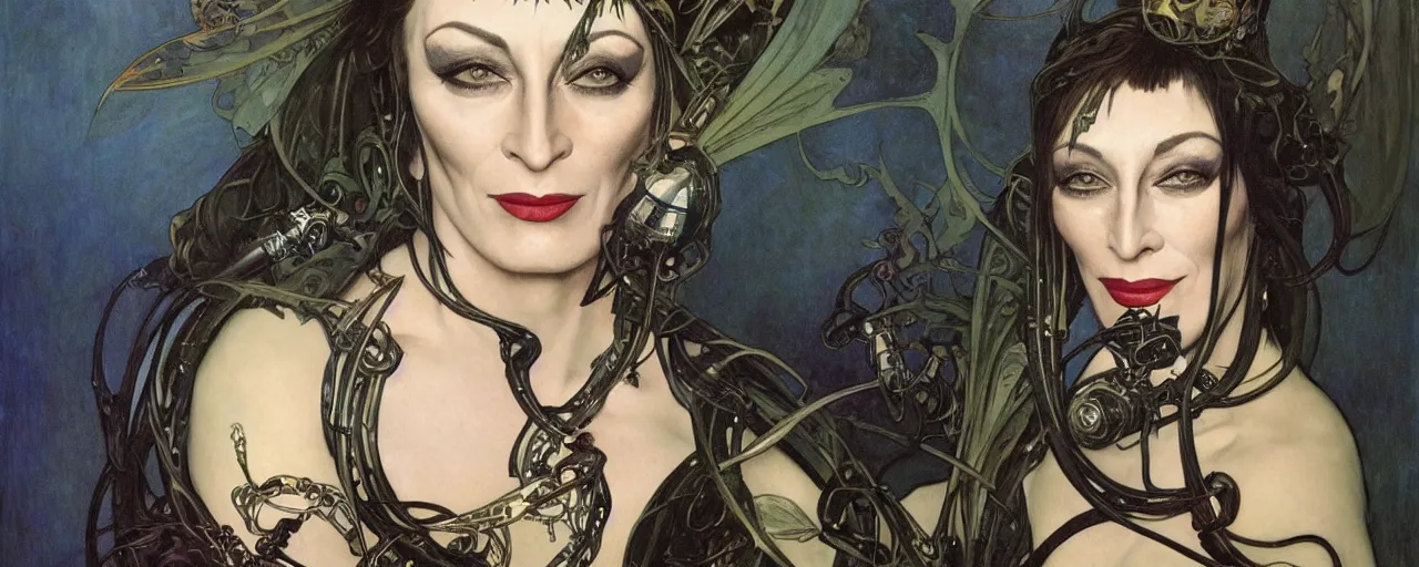 Image similar to stunning exotic art nouveau portrait of anjelica huston as an industrial dieselpunk queen of the night by glenn fabry, simon bisley and alphonse mucha, photorealism, extremely hyperdetailed, perfect symmetrical facial features, perfect anatomy, ornate declotage, spikes, latex, confident expression, wry smile, sinister eyes