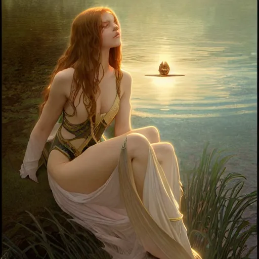 Image similar to excalibur rising from the middle of a lake under a giant full moon, rippling reflections, romantic, cinematic, intricate, elegant, highly detailed, artstation, concept art, smooth, sharp focus, art by alphonse mucha and Monia Merlo and Raymond Swanland and greg rutkowski