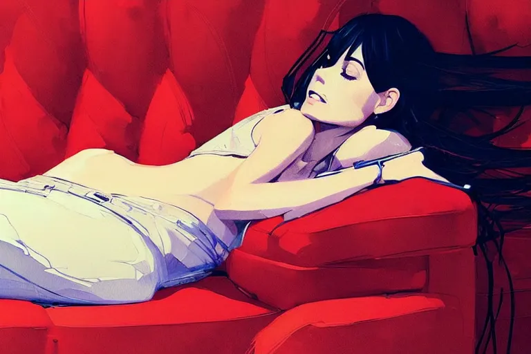 Image similar to a ultradetailed beautiful painting of a stylish woman sitting on a couch, by conrad roset, greg rutkowski and makoto shinkai trending on artstation