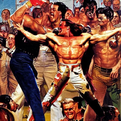 Image similar to Arnold Schzwarzenegger fights Jack Nicholson painted by norman rockwell and tom lovell and frank schoonover