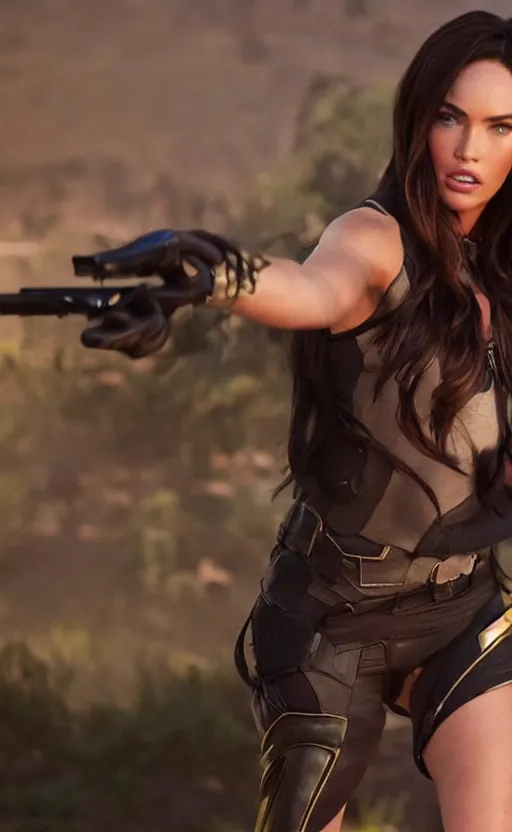 Image similar to action still of Caitlyn in KDA League of legends movie played by Megan Fox. imax, cinematic, 35mm, 4k resolution, dslr,