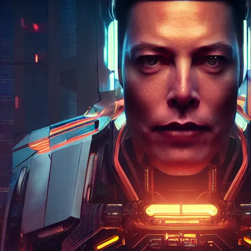 Image similar to looking at camera, ominous portrait of cyborg Elon Musk as a cyberpunk 2077 loading screen, symmetry, front view, intricate, studio, art by anthony macbain + greg rutkowski + alphonse mucha, concept art, 4k, sharp focus