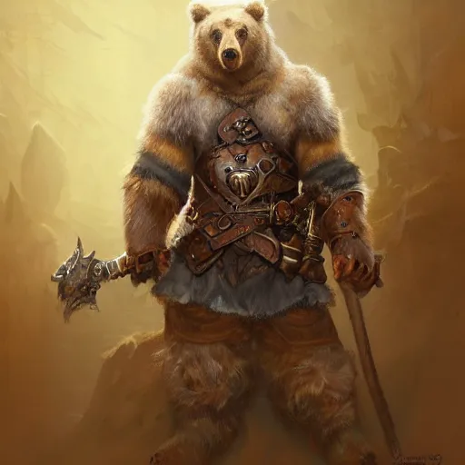 Prompt: a detailed portrait of a bear druid dressed with a leather armor, by justin gerard and greg rutkowski, digital art, realistic painting, dnd, character design, trending on artstation