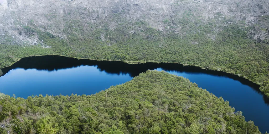 Prompt: lake with black water view from above