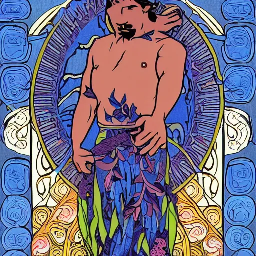 Image similar to god of nature, blue panther, in a style of mucha