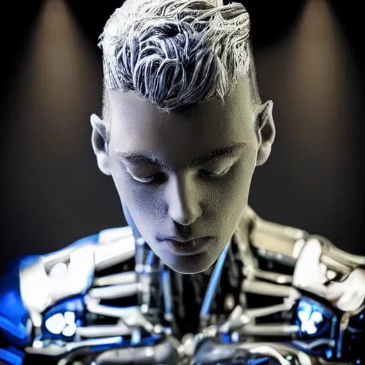 Image similar to “a realistic detailed photo of a guy who is an attractive humanoid who is half robot and half humanoid, who is a male android, singer Grant Knoche, shiny skin, posing like a statue, blank stare, on stage, on display”