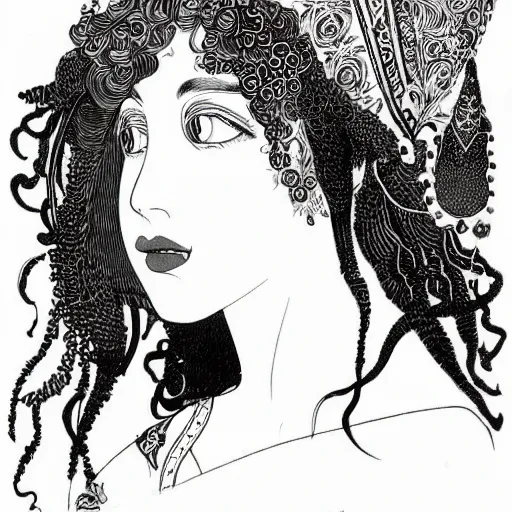 Image similar to filigree detailed illustration portrait of a profile of gypsy half - girl half - goat with long curly hair and big goat horns on her head, aubrey beardsley, makoto shinkai, greek graphics