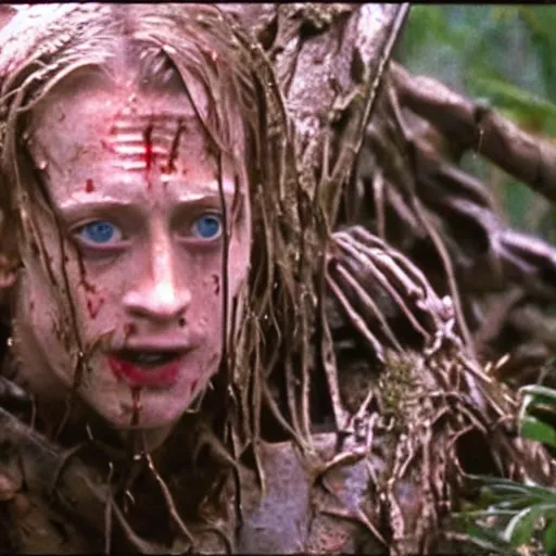 Prompt: cinematic still of macaulay culkin, covered in mud and watching a predator in a swamp in 1 9 8 7 movie predator, hd, 4 k