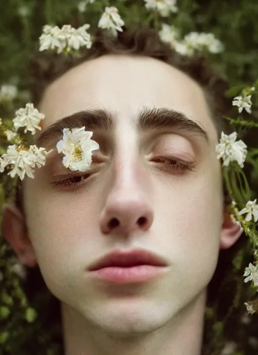 Image similar to Kodak Portra 400, 8K,ARTSTATION, Caroline Gariba, soft light, volumetric lighting, highly detailed, britt marling style 3/4 , extreme Close-up portrait photography of a Timothee Chalamet hiding in flowers how pre-Raphaelites with his eyes closed,inspired by Ophelia paint, his face is under water Pamukkale, face above water in soapy bath tub, hair are intricate with highly detailed realistic , Realistic, Refined, Highly Detailed, interstellar outdoor soft pastel lighting colors scheme, outdoor fine photography, Hyper realistic, photo realistic