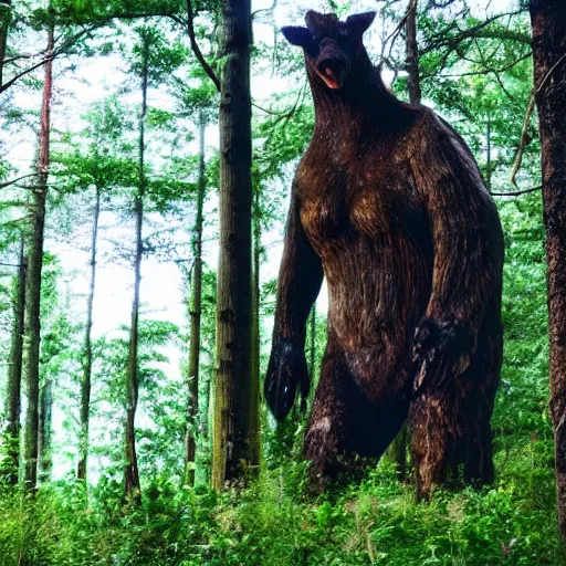 Prompt: large creature in the woods, hiding behind trees.