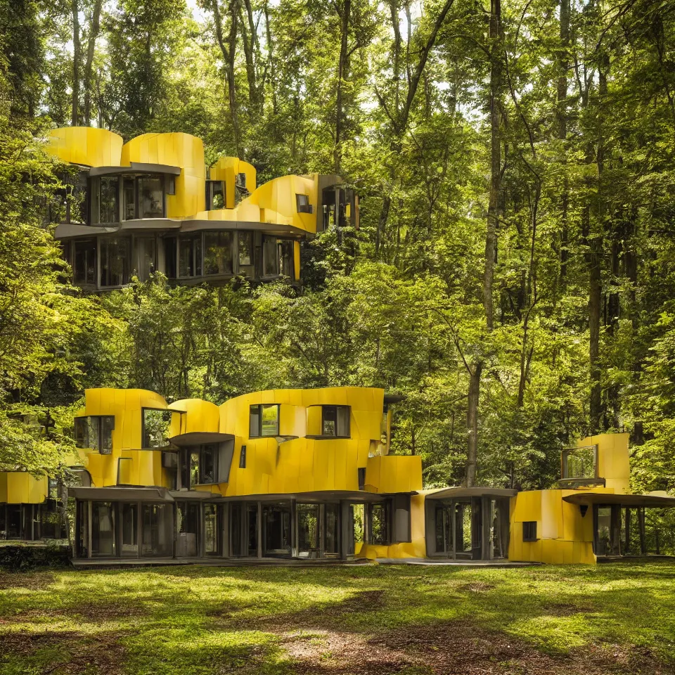 Image similar to a house in a light forest clearing, designed by Frank Gehry. Tiles. Gravel pathway with parking. Barbecue in front. Film grain, cinematic, yellow hue