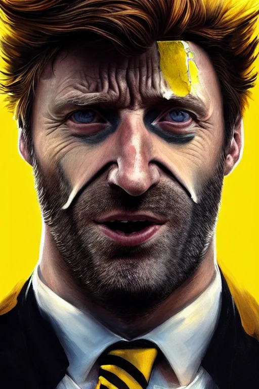 Image similar to Boris Johnson as Hugh Jackman Wolverine, claws are up, yellow X-man costume, Boris Johnson hairstyle, calm, grumpy, portrait, masculine figure, highly detailed, digital painting, artstation, concept art, smooth, sharp focus, illustration, cinematic lighting, art by artgerm and greg rutkowski and alphonse mucha