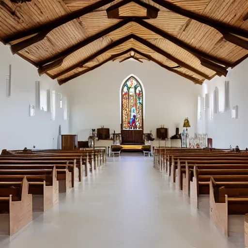 Image similar to a Church interior with white walls and wood floor