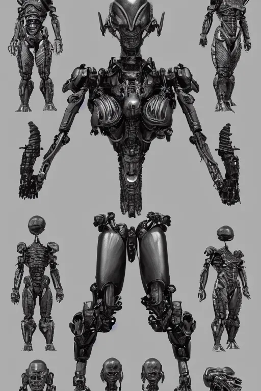 Image similar to andriod orisha god with gunmetal grey skin, medical anatomy, very symmetrical face, highly detailed, japanese mecha, three - perspective / three - view reference sheet ( front / back / side ), in the style of dan ouellette, dren from splice, hr giger, sil from species, artstation, unreal engine