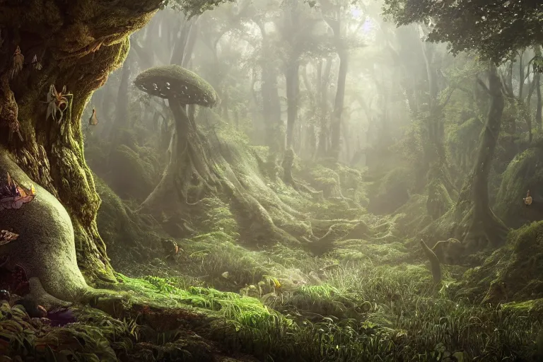 Image similar to fairy kingdom forest, miyazaki, nausicaa, ambient lighting, concept art, intricate, hyper detailed, smooth, dynamic volumetric lighting, octane, cinematic, high quality, high resolution, 4 k, cgsociety, rutkowski, gurney