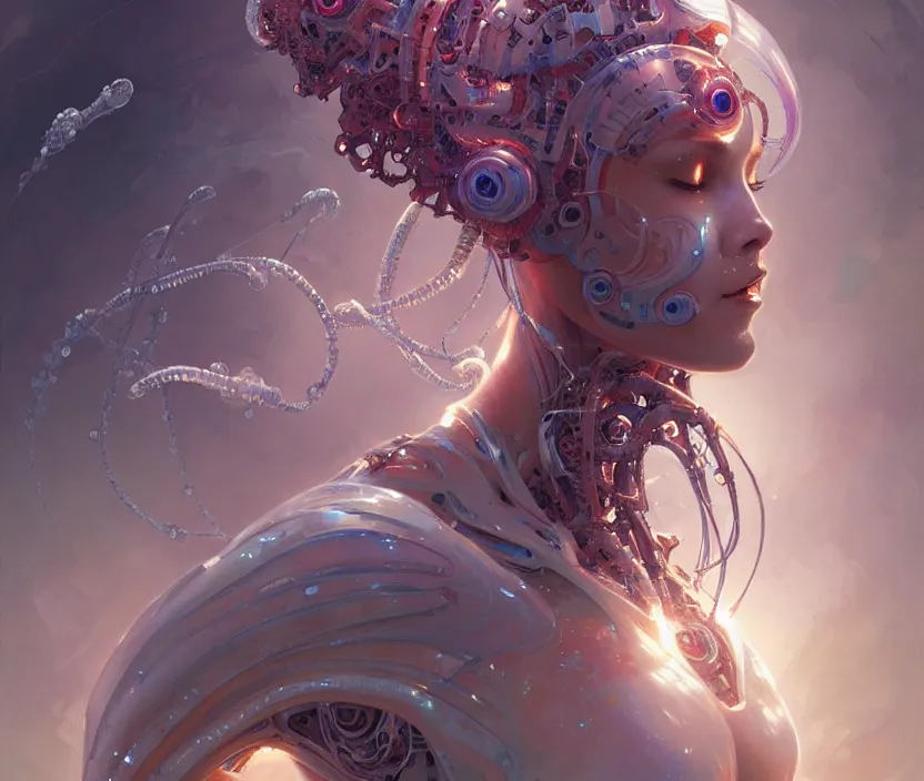 Image similar to Cyborg biomechanical jellyfish angel girl, sci-fi, highly detailed, digital painting, artstation, concept art, smooth, sharp focus, illustration, art by artgerm and greg rutkowski and alphonse mucha