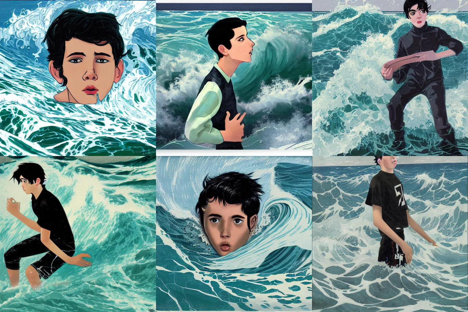 Prompt: a teenage boy with black hair and sea green eyes standing in the eyes of a Hurricane as waves and water crash around him by Austin Briggs, WLOP