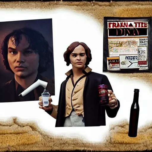 Image similar to Frank Dillane action figure with beer bottle tea cup and cigarette, photo, highly detailed