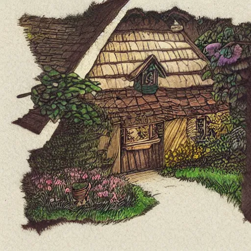 Image similar to a colored ink illustration of a humble cottage, drawn on white parchment paper, vibe, atmosphere, detailed, muted colors, by greg rutowski and ryan berkley