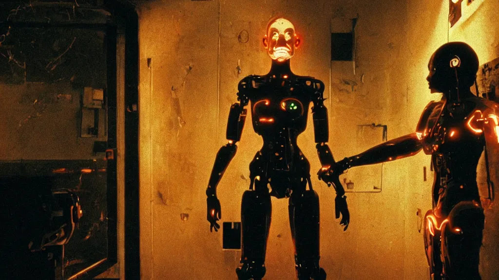 Image similar to movie still of a cyborg, cinematic composition, cinematic light, by david lynch and gaspar noe