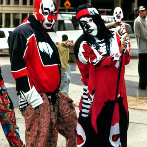 Prompt: Juggalo coneheads 1999 street performers