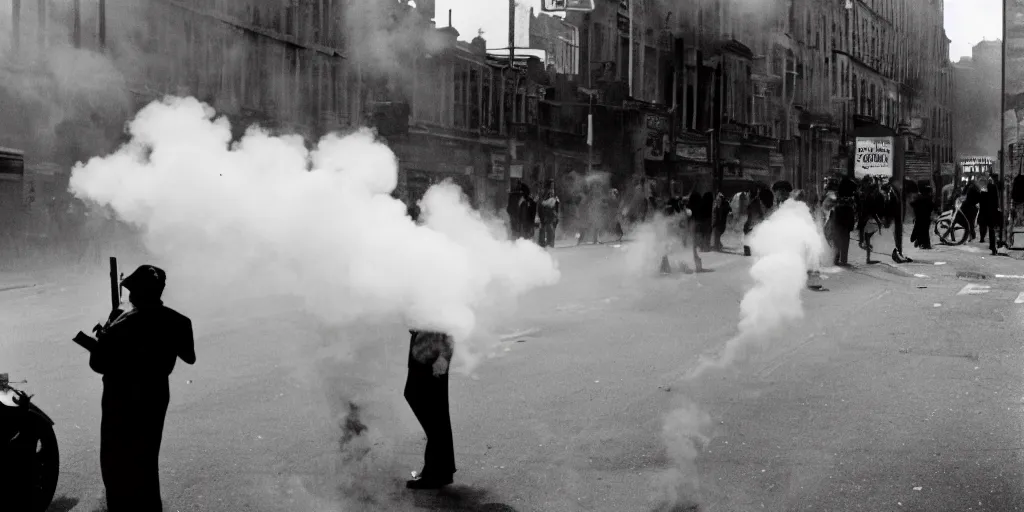 Image similar to street photo, revolution, smoke on the street, a thousands of people closeup, film photography, exposed b & w photography, christopher morris photography, bruce davidson photography, peter marlow photography