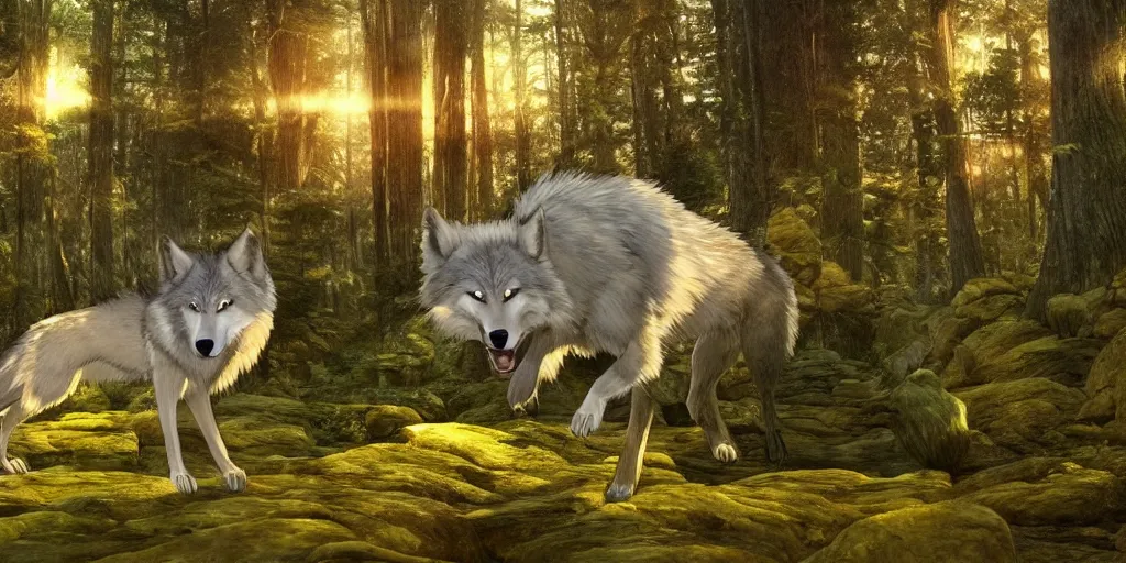 Prompt: spirit wolf in a forest, 4 k, high detail, dramatic lighting, sunset, hayao miyazaki, masashi ando, nizou yamamoto, kazuo oga, joe hisaishi, yoji takeshige, naoya tanaka