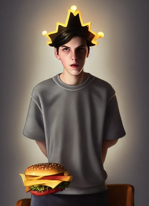 Image similar to portrait of teenage jughead jones wearing a light grey crown, crown, eating hamburger, eyes closed, crown, black hair, intricate, elegant, glowing lights, warm lighting, highly detailed, digital painting, artstation, concept art, smooth, sharp focus, illustration, art by wlop, mars ravelo and greg rutkowski