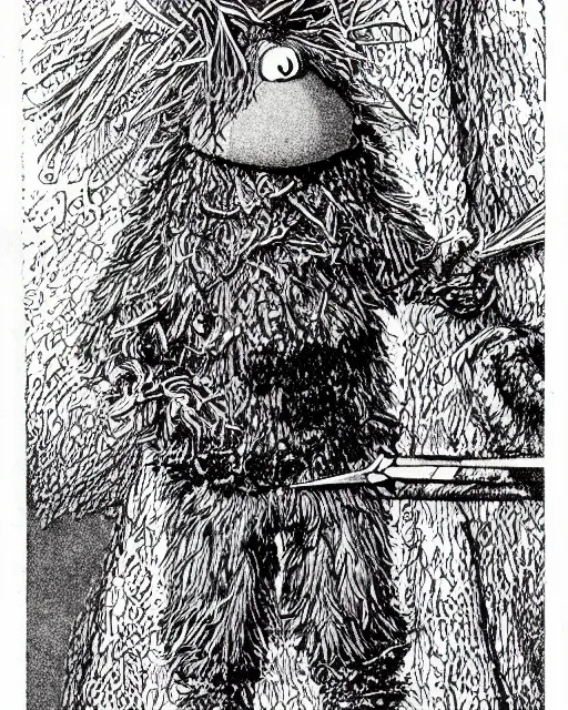 Prompt: an illustration of a fraggle, full body, standing in rectangular border, pen-and-ink illustration, etching, by Russ Nicholson, DAvid A Trampier, larry elmore, 1981, HQ scan, intricate details