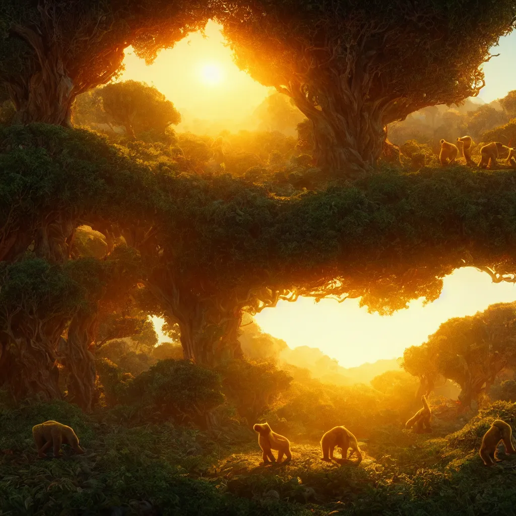 Image similar to light bears, avocado groves, sunrise inferno, an old snake prays, illustration, divine realm of gods, realistic cinematic style, filmed in 7 0 mm, volumetric lighting, octane render, photographic, concept art, unreal engine 8 k